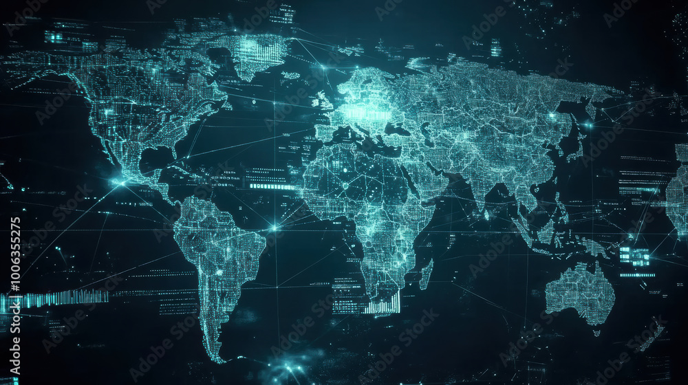 Poster digital projection of world map showcasing interconnected data points and networks, illustrating glo