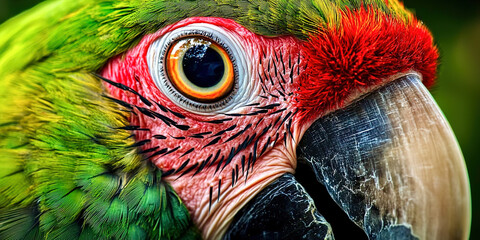 A green and red parrot with a red beak and red eyes
