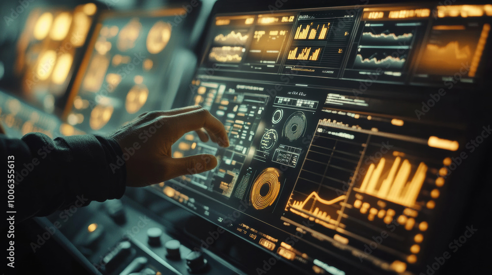 Poster futuristic control panel displaying financial data with interactive graphs and metrics. glowing inte