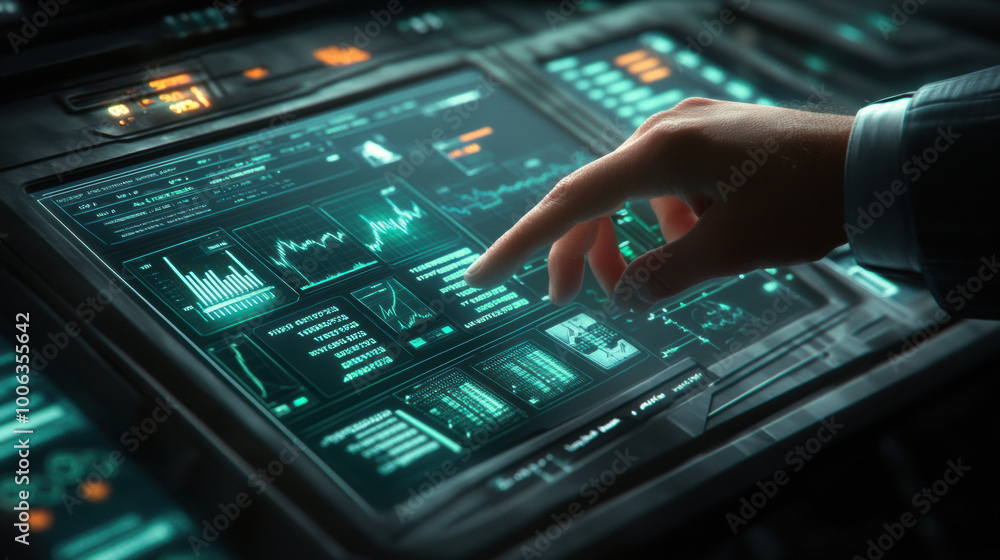 Poster hand interacting with futuristic control panel displaying financial data, showcasing graphs and anal