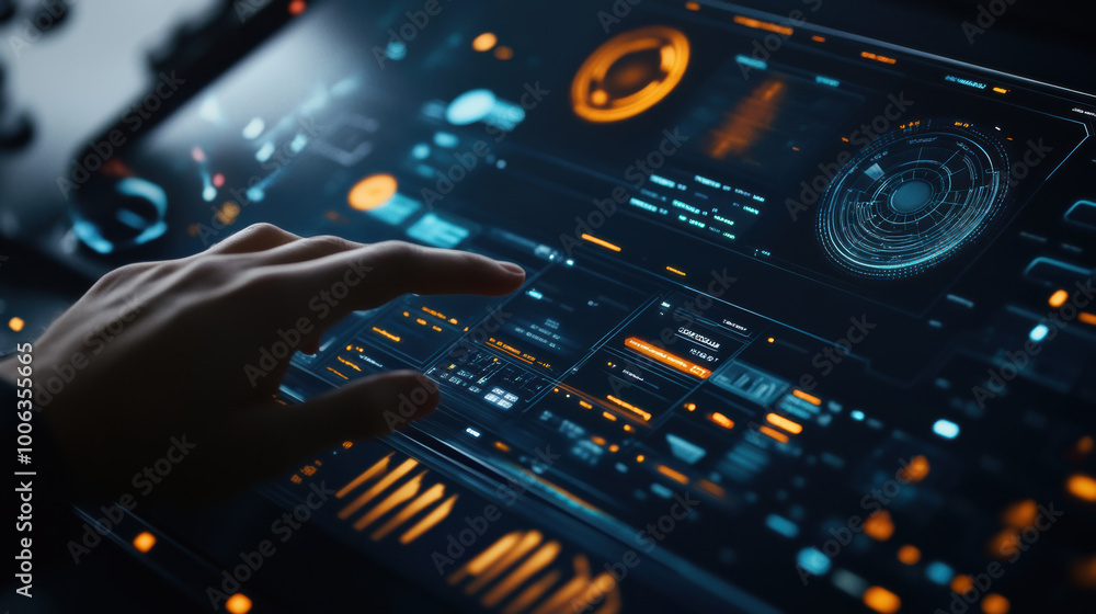 Poster futuristic control panel displaying financial data with vibrant graphics and interactive elements, s