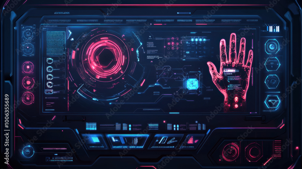 Aufkleber futuristic control screen displaying hand gestures with vibrant neon colors, showcasing advanced tec