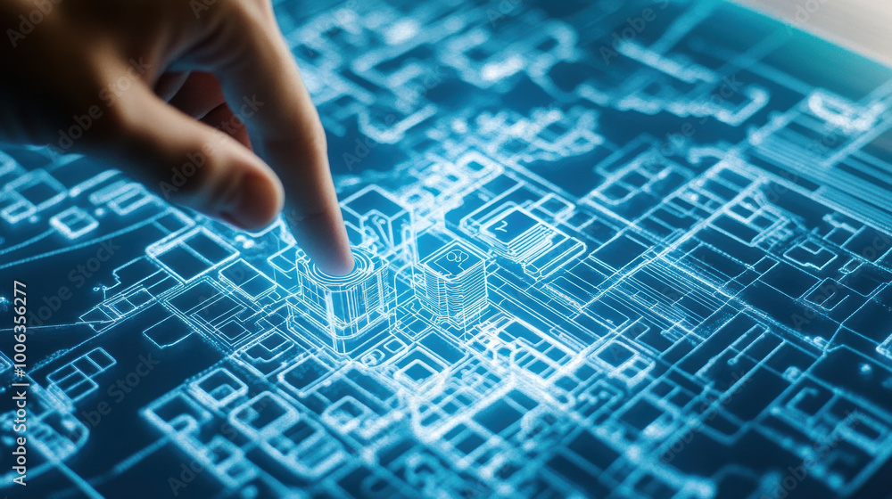 Poster hand hovering over digital blueprint of city, showcasing intricate designs and structures. image con