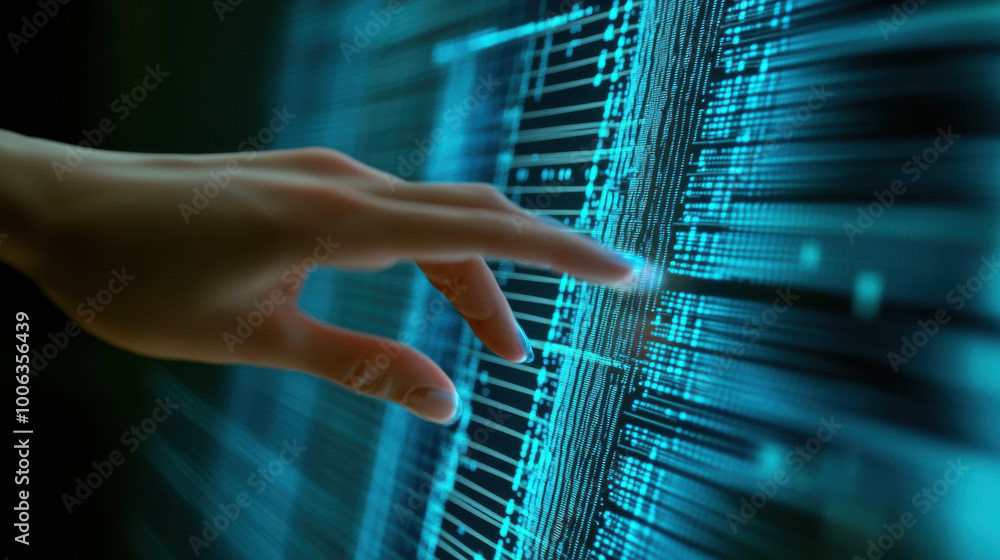Poster hand interacting with virtual timeline, showcasing digital data and technology. image conveys sense 