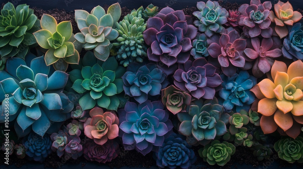 Poster various succulent plants display a vivid array of greens, purples, and blues, meticulously arranged 