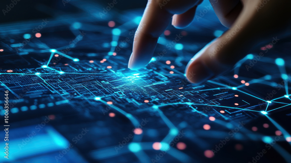 Poster hand moving digital map with interconnected circuits, showcasing advanced technology and data visual