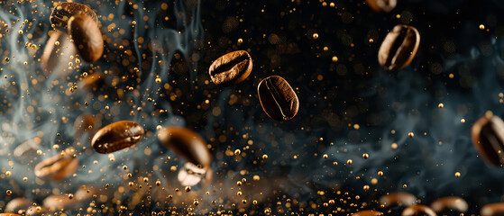 Close up of flying roasted coffee beans with golden shimmer, lights, particles. Macro shot of coffee for advertising, cafe banner. Generative ai	