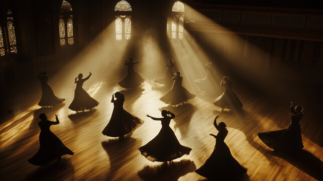 Mystical view of Mevlana Whirling Dervishes Festival, dervishes whirling in harmonious movement, soft light illuminating them inside the magnificent hall, Ai generated images