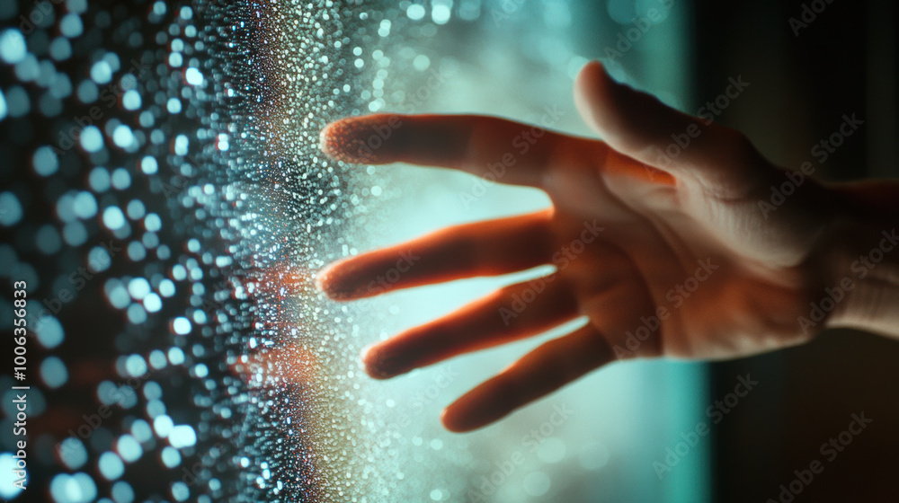 Poster hand reaching out to manipulate digital interface, surrounded by shimmering particles, evokes sense 