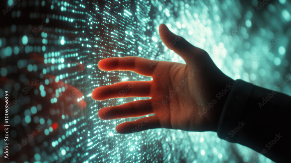 Poster hand reaching out to manipulate digital 3d space filled with glowing data points, symbolizing intera