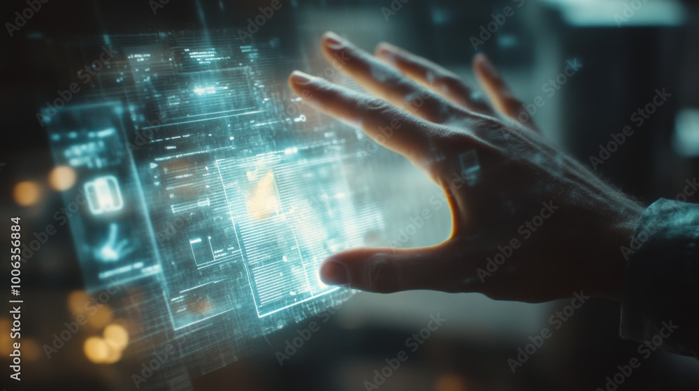 Poster hand reaching out to interact with virtual interface, showcasing advanced technology and digital ele