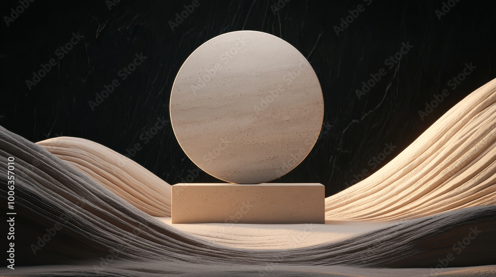 Poster a minimalist wooden sphere stands on a simple base, surrounded by fluid wave patterns, creating a se