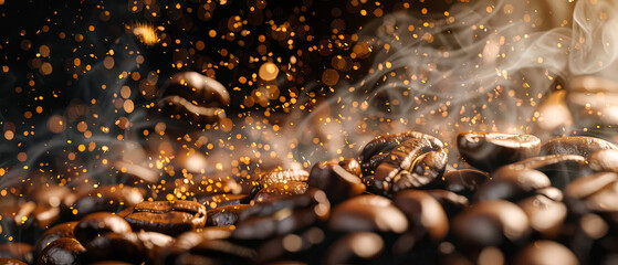 Close up of flying roasted coffee beans with golden shimmer, lights, particles. Macro shot of coffee for advertising, cafe banner. Generative ai	