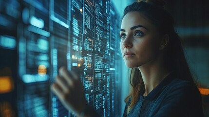 female software engineer overseeing blockchain networks and server data in a state-of-the-art IT control room, working with digital screens and collaborating with the IT team for optimal operations