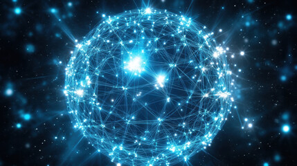 network of glowing lines forms sphere, representing connectivity and technology. vibrant blue lights create mesmerizing visual effect, evoking sense of innovation and digital advancement