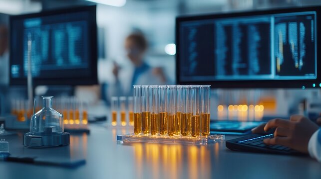 A modern laboratory with test tubes filled with orange liquid and advanced computer screens displaying data and analysis.