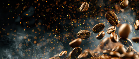 Close up of flying roasted coffee beans with golden shimmer, lights, particles. Macro shot of coffee for advertising, cafe banner. Generative ai