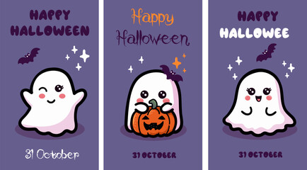 Purple Halloween poster.Ghost. Trendy flat style and funny characters. Cute vector poster for postcard, flyer, banner