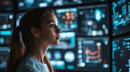 female software engineer overseeing blockchain networks and server data in a state-of-the-art IT control room, working with digital screens and collaborating with the IT team for optimal operations