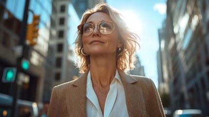 Plakat low angle view of a mature businesswoman walking confidently on a busy city street, highlighting her success, ambition, and professional leadership in a corporate setting