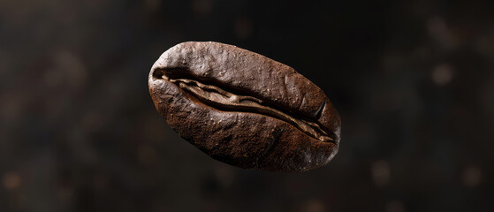 Close up of flying roasted coffee bean with golden shimmer, particles on black background. Macro shot of coffee for advertising, cafe banner. Generative ai	