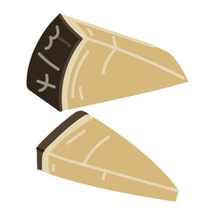 Hard cheese parmesan or pecorino, cut into triangular pieces in a dark package separately, vector illustration, isolated highlighted on a white. For the menu of dairy products, cafes, restaurants