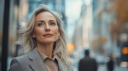 Plakat low angle view of a mature businesswoman walking confidently on a busy city street, highlighting her success, ambition, and professional leadership in a corporate setting