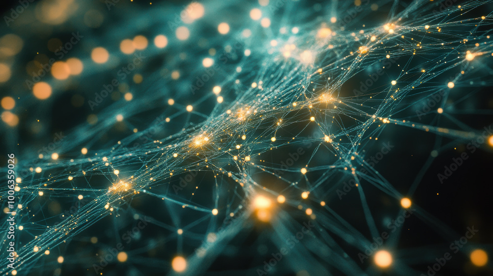 Poster mesmerizing web of interconnected neural pathways, showcasing vibrant lights and intricate patterns 