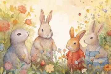 Obraz premium Four charming rabbits in a colorful flower-filled scene.