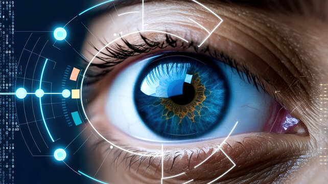 A close up of a woman's eye with a blue iris