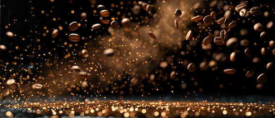 Close up of flying roasted coffee beans with golden shimmer, lights, particles. Macro shot of coffee for advertising, cafe banner. Generative ai