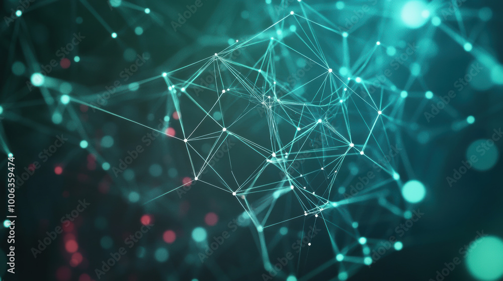 Poster digital nodes and lines form web of connections, illustrating concept of networking and data flow in