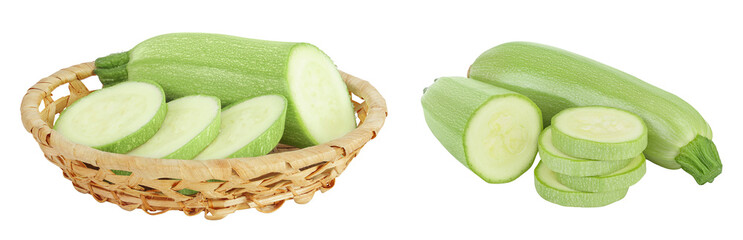 zucchini or marrow in a wicker basket isolated on white background with full depth of field