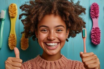 A happy young girl with afro curls is holding a toothbrush, giving a thumbs up in front of a bright turquoise wall with decorative elements, symbolizing joy and health.