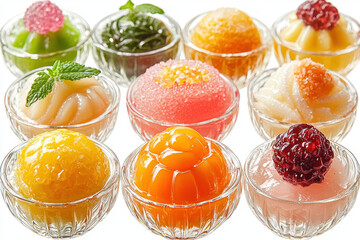 Colorful Thai desserts displayed in small glass bowls, showcasing variety of textures and flavors. Each dessert is uniquely shaped and garnished, creating an inviting and vibrant presentation