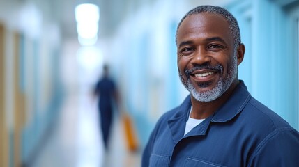 Naklejka premium African American janitor with a smile, holding a broom in the hallway of an educational institution, showcasing professionalism and dedication to maintaining a clean school environment