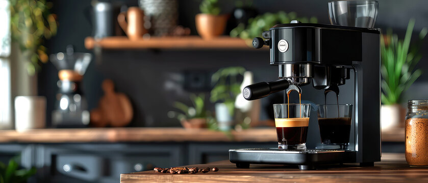 Close-up of coffee brewing at coffee machine on the cozy modern kitchen. Pouring espresso. Coffee shop, caffe illustration. Generative ai