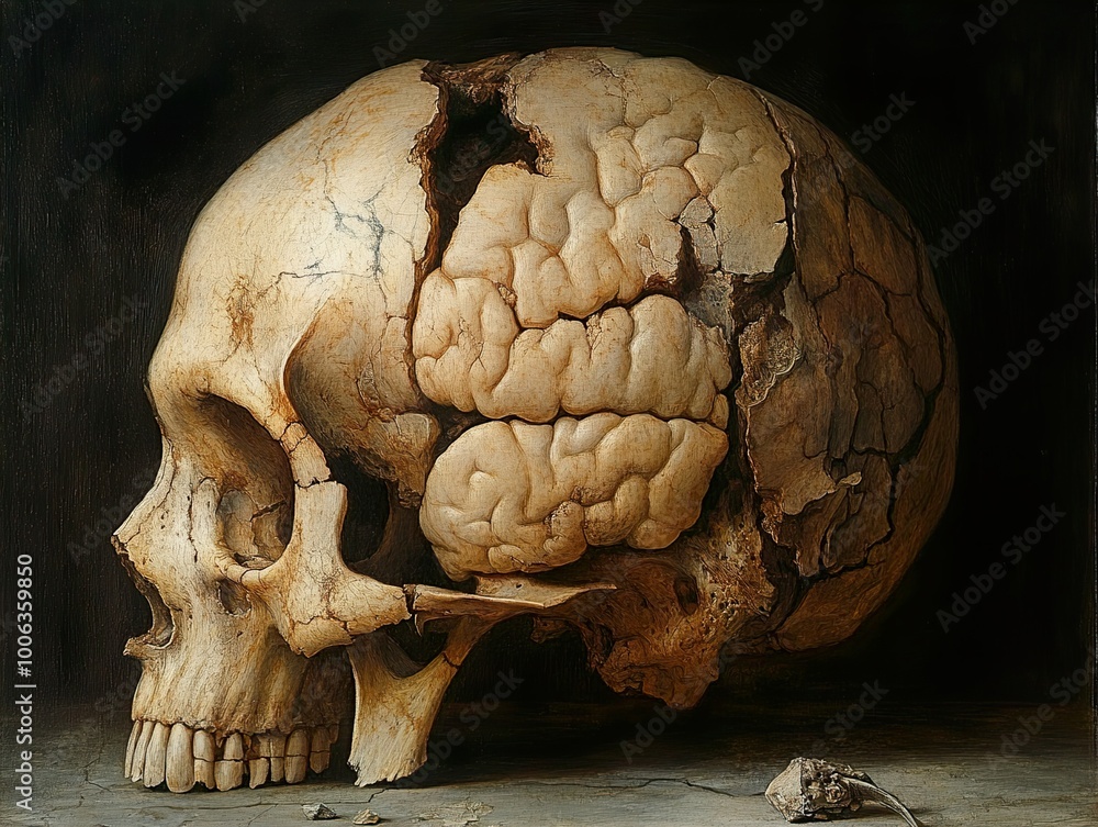 Wall mural Human Skull with Exposed Brain: A Still Life Exploration of Mortality