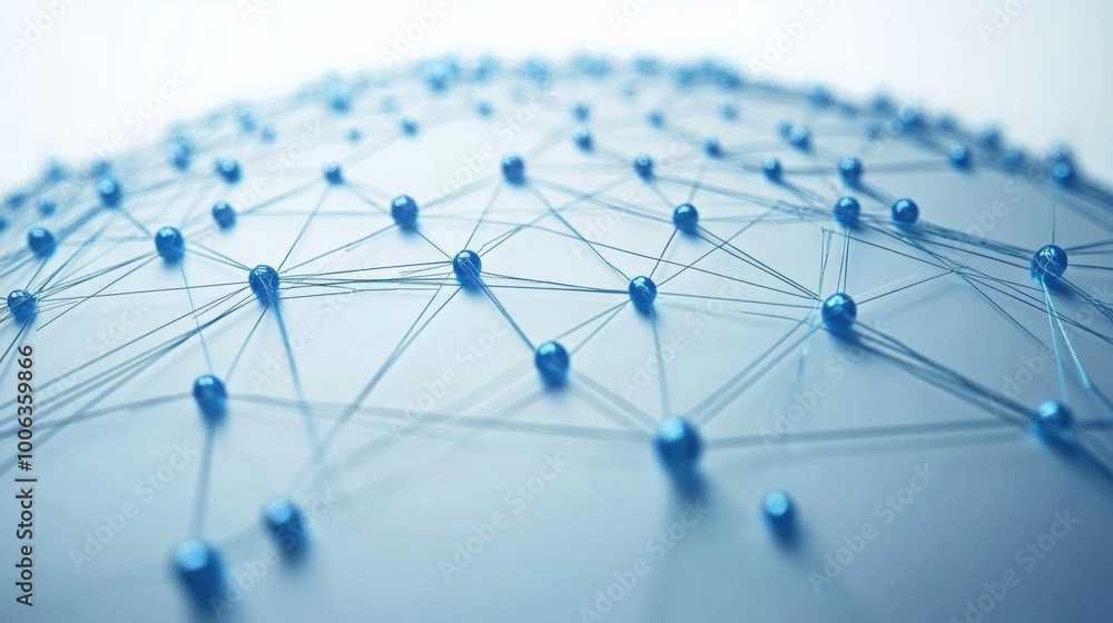 Poster floating blue dots connected by thin lines create network structure, symbolizing connectivity and te