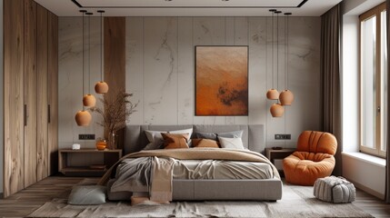 Cozy bedroom with new furniture in modern flat. Comfortable bed with textile, beige armchair and black wardrobe on wooden floor. Elegance decor elements in hotel room