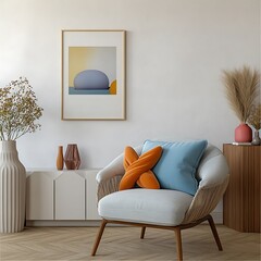  Stylish living room with a mid-century modern chair, colorful pillows, and a unique knot cushion, creating a cozy and contemporary space. Mock up poster. 