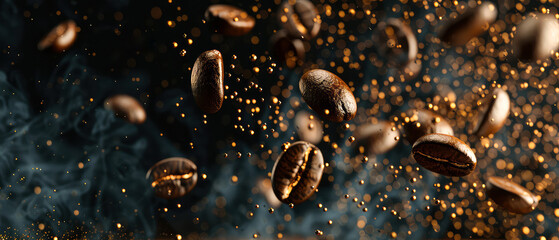 Close up of flying roasted coffee beans with golden shimmer, lights, particles. Macro shot of coffee for advertising, cafe banner. Generative ai