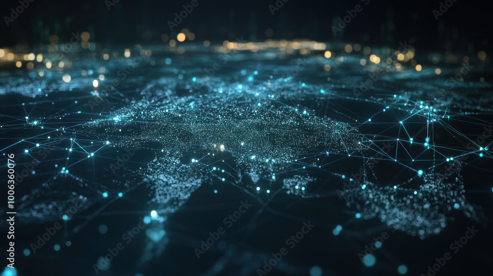 Poster stunning visualization of global network, showcasing interconnected data points across digital lands