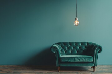 A cozy room with wooden floorboards and pale blue walls, with a single plush velvet sofa in a rich emerald green color, placed under a hanging light bulb.