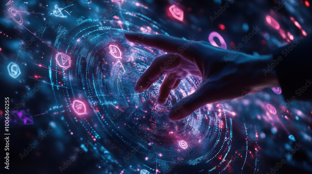 Poster hand reaching out to interact with holographic display of floating network icons, symbolizing techno