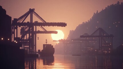 Obraz premium Container cargo ship docked at sunrise, with cranes loading containers, symbolizing global logistics and transportation.
