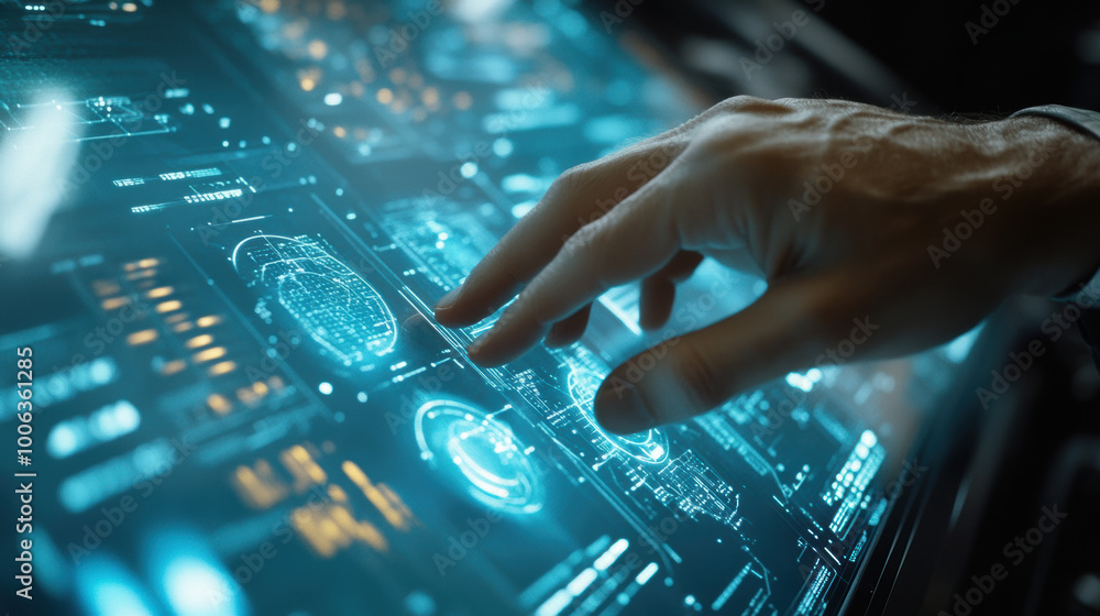 Poster person interacting with futuristic digital interface, showcasing advanced technology and data visual