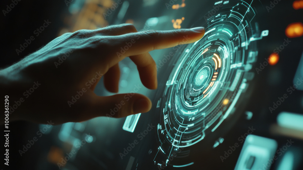 Poster person interacting with digital interface, showcasing modern technology and innovation. hand is pois