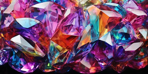 A mesmerizing cluster of iridescent crystals, showcasing a symphony of vibrant hues and captivating geometric patterns