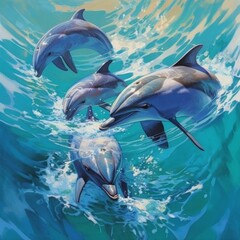 Obraz premium Four dolphins swimming playfully in turquoise water.